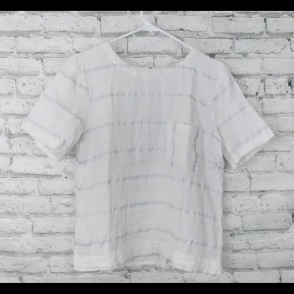 Lou and Grey White Blouse Medium Silver Stripes Cotton Shirt Zipper - Picture 5 of 6